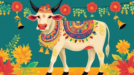 Obraz premium A joyful Mattu Pongal scene with a cow wearing vibrant garlands, bells, and intricate patterns in an Indian cultural setting