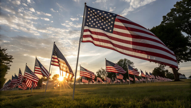 american flag on the old building,Patriotic Display of American Flags