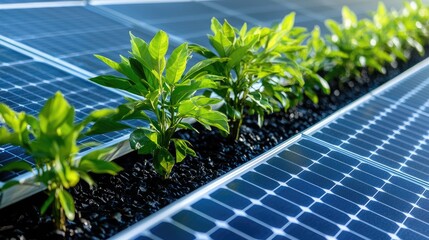 Green plants growing between solar panels, sustainable energy