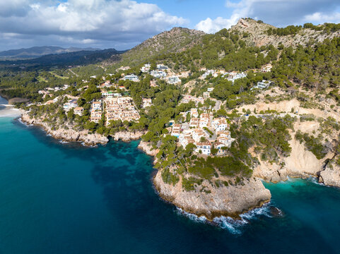 Aerial view of the coastline in Capdepera, Mallorca, featuring Cuevas de Arta and Platja de Canyamel.
