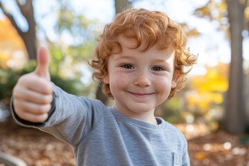 A joyful red-haired boy is giving a thumbs up in a scenic outdoor setting filled with beautiful autumn leaves, symbolizing happiness and cheerfulness.
