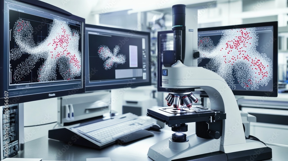 Aufkleber A microscope focused on nanotech samples, with intricate molecular structures displayed on digital monitors in a sterile and high-tech lab