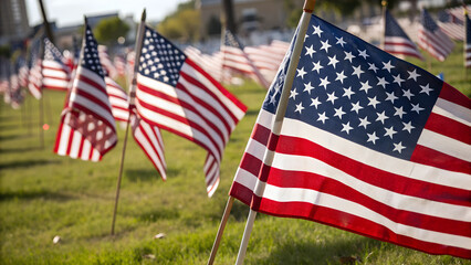 Obraz premium american flag on the ground,Patriotic Display of American Flags