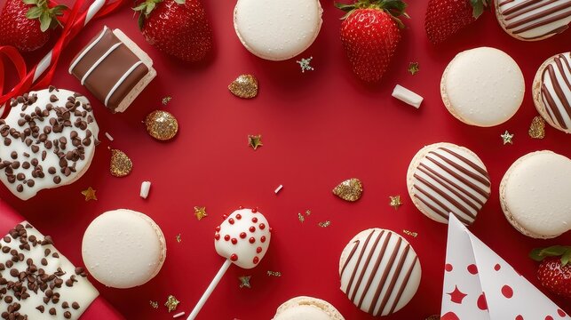 Colorful Dessert Spread with Macarons and Strawberries on Red Background