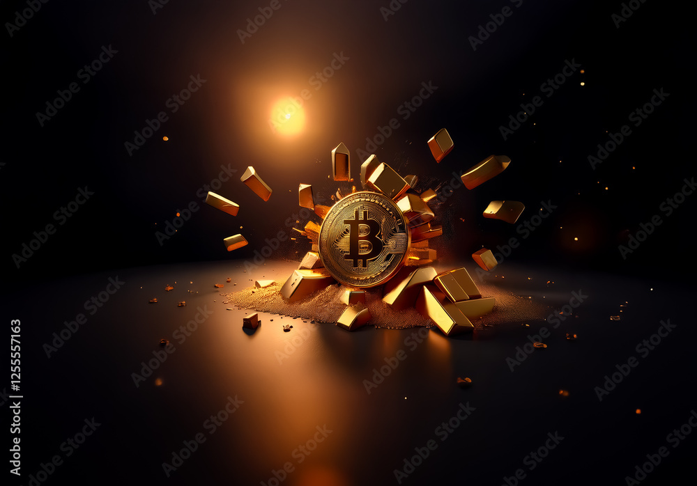 Poster a gold coin, resembling bitcoin, powerfully bursts from a pile of gold bars amidst a dynamic explosi