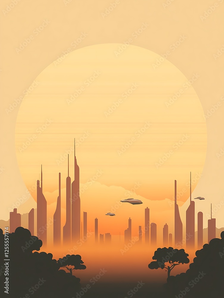 Poster a serene sunset over a futuristic city skyline, featuring tall structures and flying objects, surrou