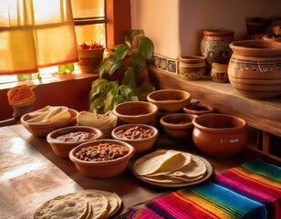 Traditional mexican cuisine displayed on rustic kitchen table