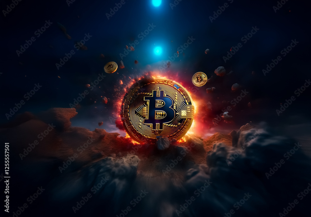 Poster A golden bitcoin with a blue 'B' emblem levitates amidst fiery clouds and a dark sky, illuminated by celestial light. Representing the digital future of finance and currency in a powerful and dynamic 