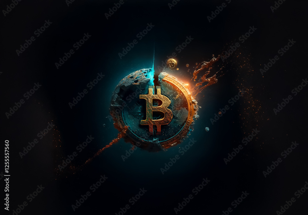Poster glowing bitcoin symbol split in half, with one side blue and the other gold, against a dark backdrop