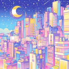 Naklejka premium 夢幻の都会風景｜星空と三日月が輝く幻想的な都市夜景。アイコンにも使える素材。1 into 1 Ratio Size,square size 1:1