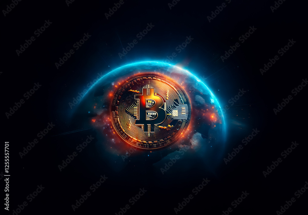 Poster a glowing bitcoin symbol is centered in a vibrant sphere against a dark background, illustrating dig