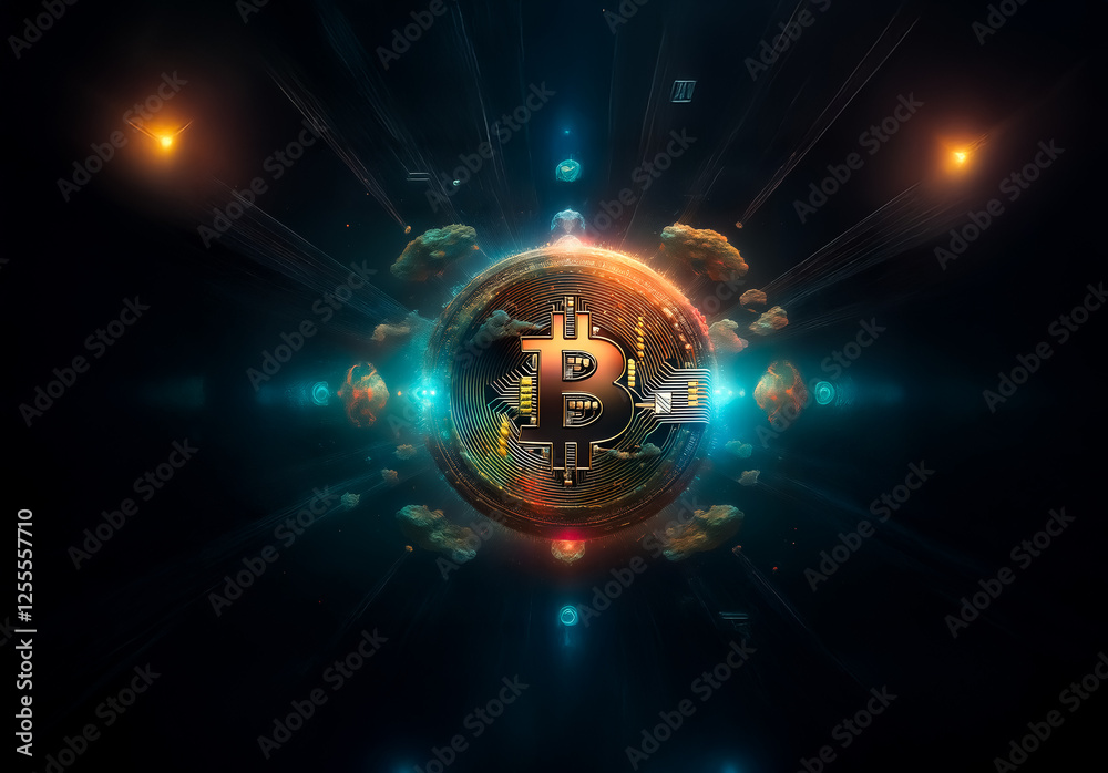 Aufkleber abstract digital art of a glowing bitcoin symbol at the center, surrounded by circuit board elements
