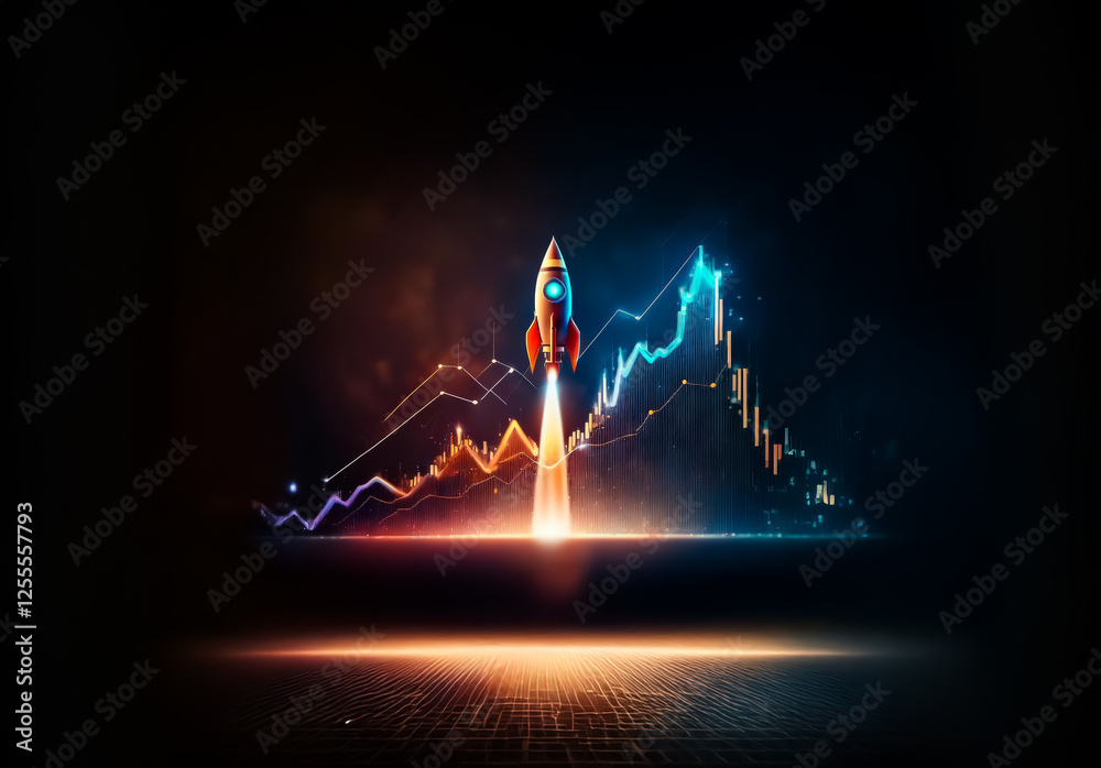 Fototapete a rocket ascends dynamically against a backdrop of vibrant financial charts, visually representing r