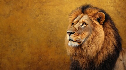 Majestic lion portrait on a rich golden solid background