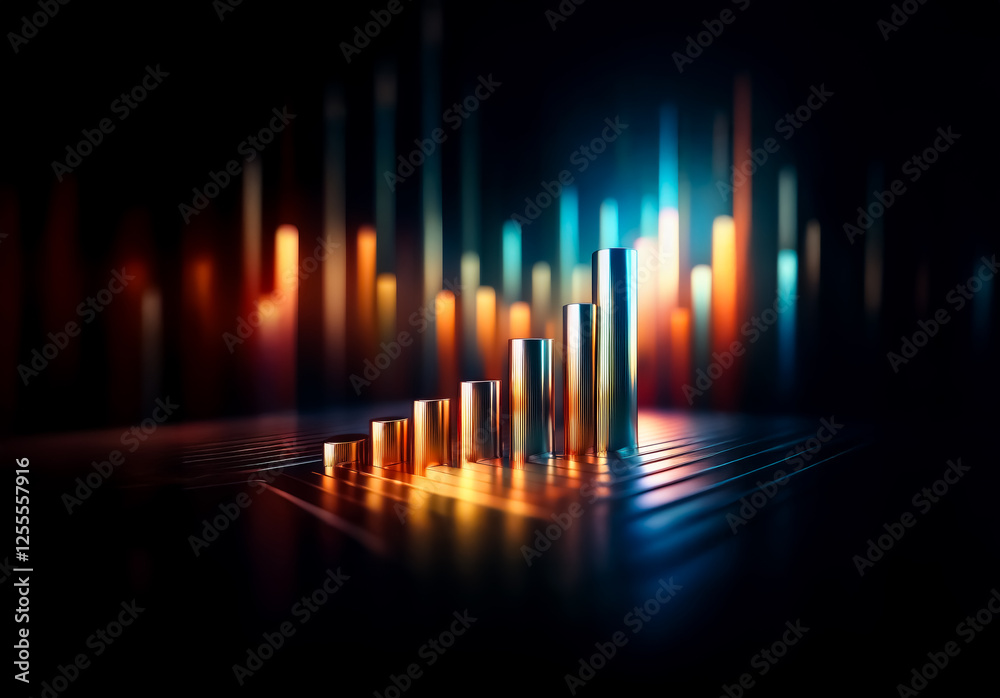 Leinwandbilder ascending metallic bars in warm hues create a bar chart against a dark backdrop with vertical light 