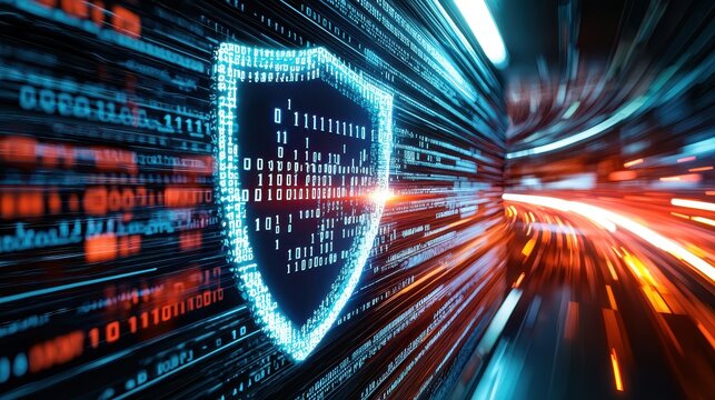 Digital Security Shield with Binary Code and Motion Blur Background
