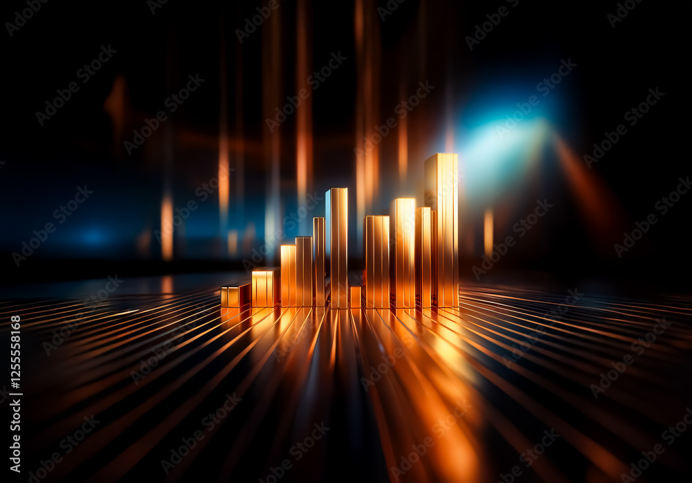 Poster Golden bars in ascending order, glowing in a dark abstract space, resembling a growth chart with light streaks.