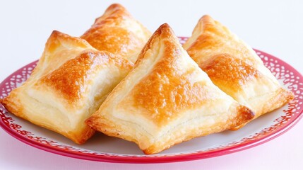 Golden puff pastries on decorative plate: freshly baked triangle treats