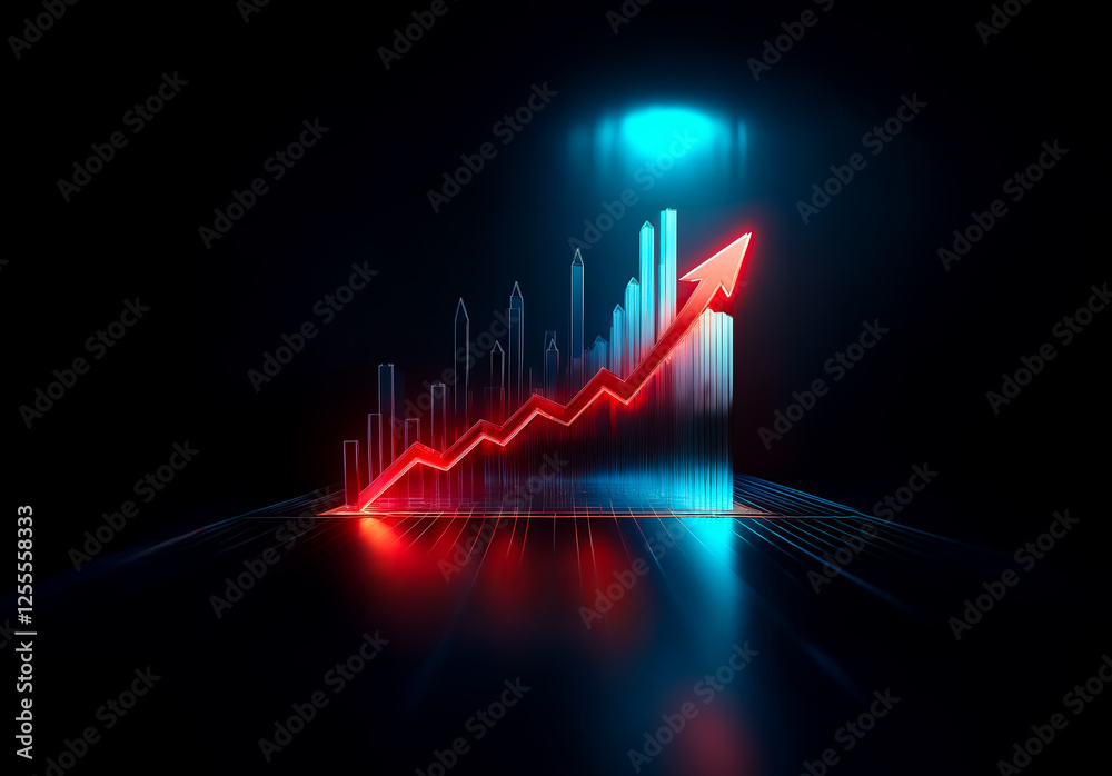 Aufkleber bright red arrow ascends over bar graph, illuminated by blue lights in a dark space, symbolizing bus