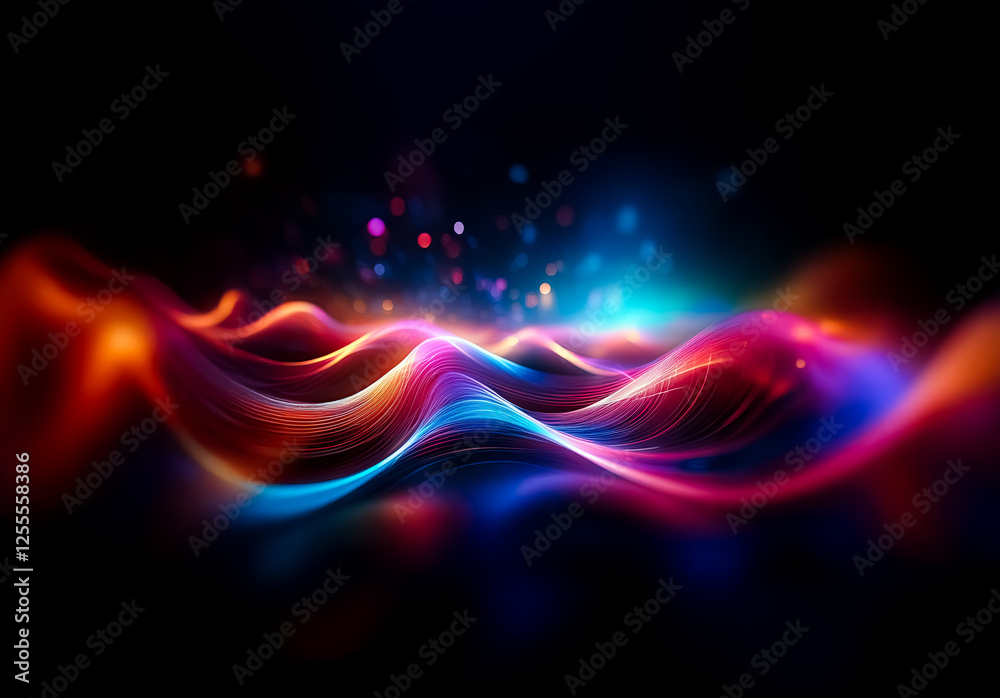 Leinwandbilder Abstract waves of vibrant colors flow across a dark background, illuminated with bokeh lights, creating a dynamic and visually striking design.