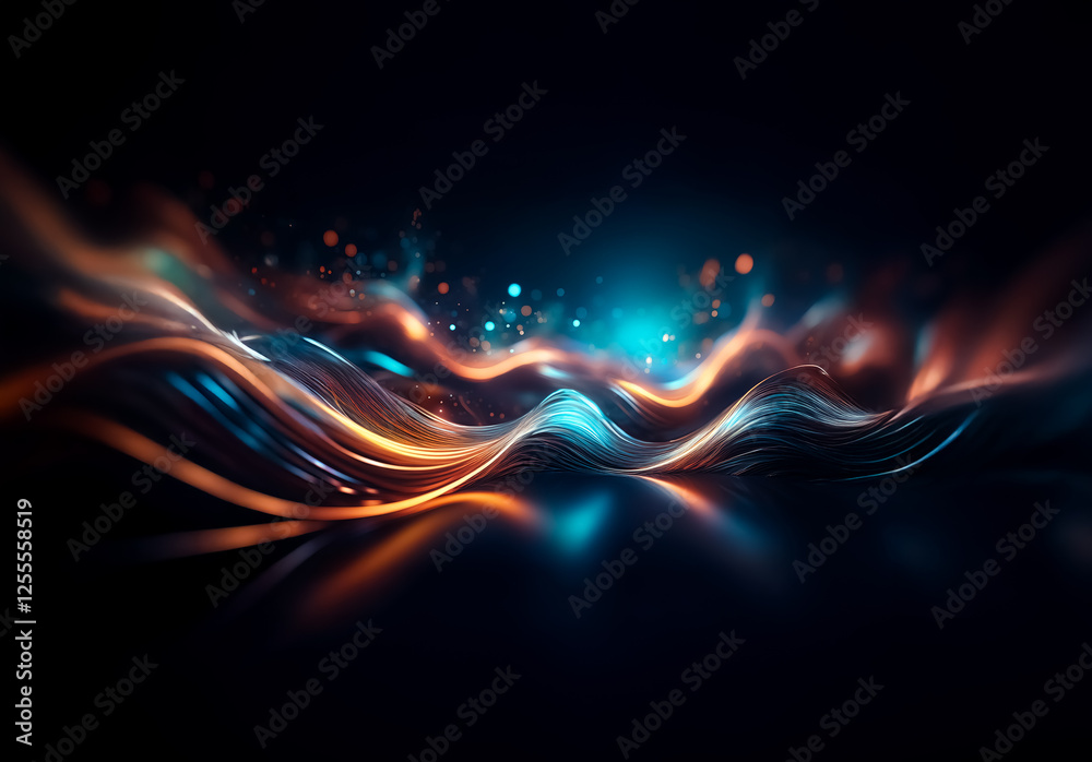 Fototapete abstract waves of light flow dynamically across a dark backdrop, showcasing vibrant orange and blue 