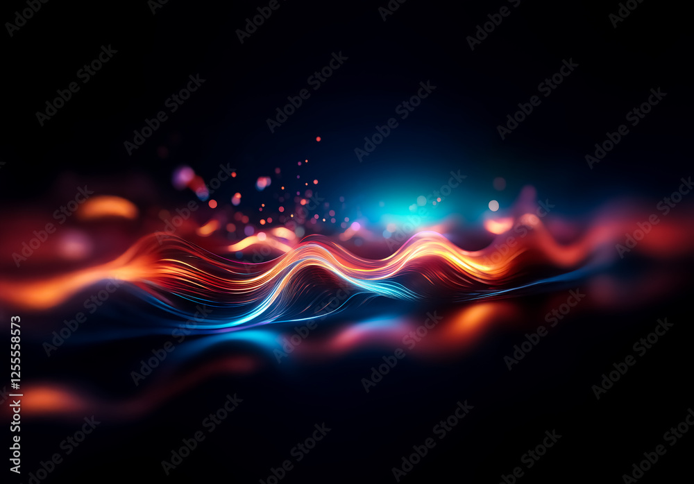 Poster Abstract flowing light waves in vibrant orange and blue hues create a dynamic visual on a dark backdrop. The lines pulse with implied energy and motion.