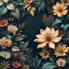 Floral background with flowers, leaves and plants.Elegant floral arrangement with various flowers and leaves set against a dark background. Sophisticated botanical aesthetic. 