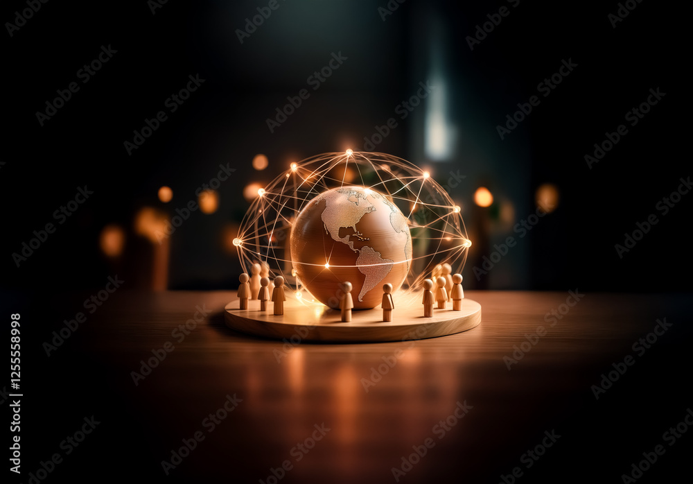 Leinwandbilder illuminated globe encircled by figures and a light network. a sphere with small people and glowing c