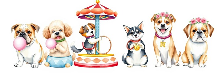 Obraz premium Adorable Cartoon Dogs at a Fair Cute Puppy Illustration Fun Pet Graphics