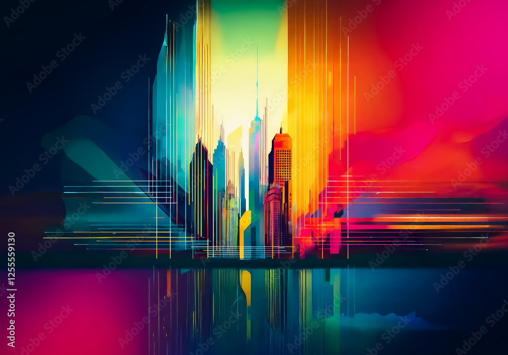Poster vibrant city skyline abstractly depicted with blurred lights and reflections creating a dynamic, mod