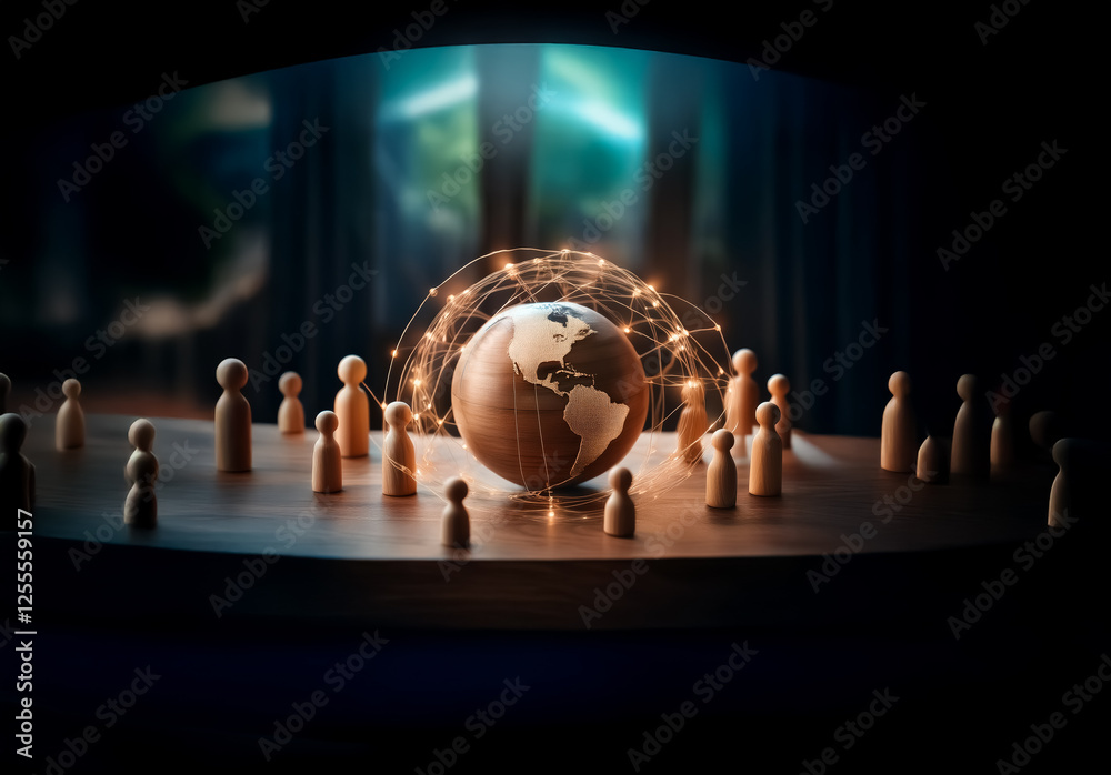 Fototapete Wooden figures stand around a globe with a glowing network graphic.  A dark background and wooden table create a focused atmosphere around the central global concept.