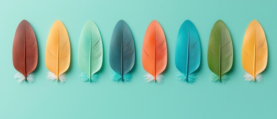 Row of Colorful Pastel Feathers on Aqua Background