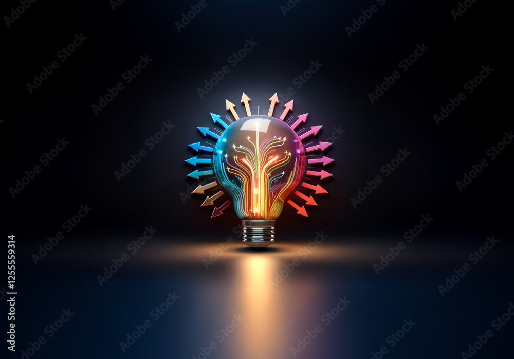 Poster a vibrant lightbulb radiates colorful arrows outwards against a dark backdrop. the image symbolizes 