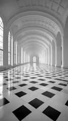 Fototapeta premium Architectural elegance in a spacious corridor featuring a unique black and white tiled floor