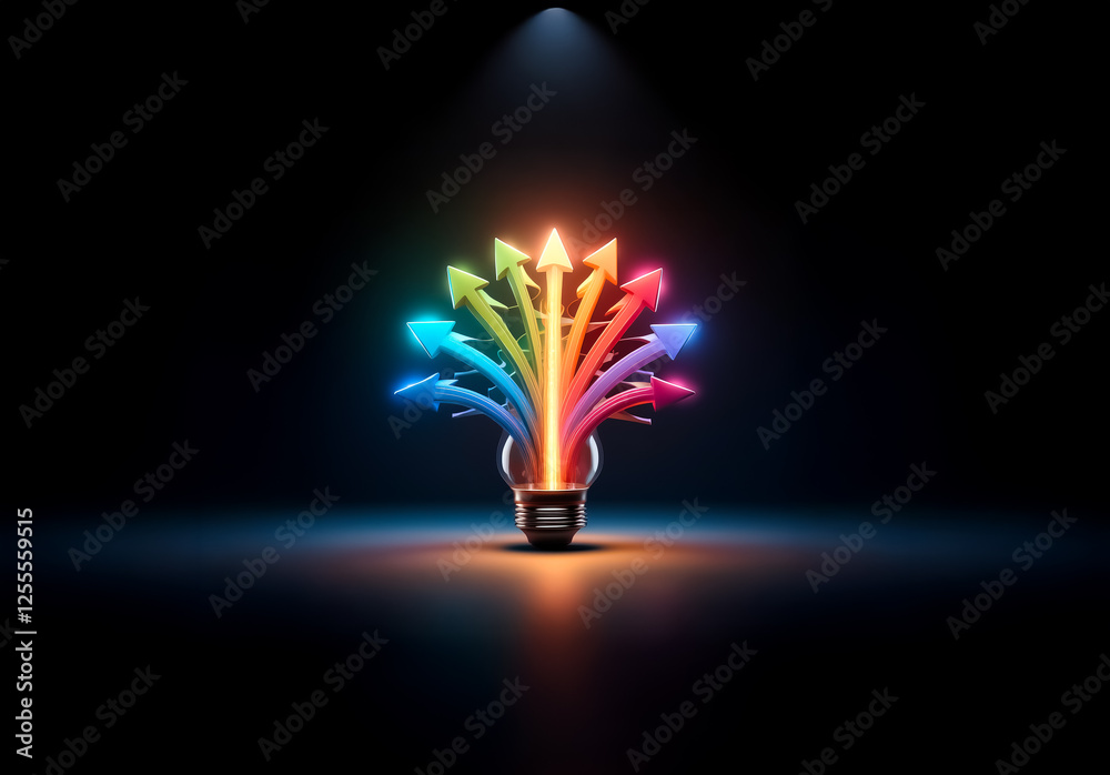 Poster A bright idea emerges as colorful arrows burst from a lightbulb in the dark, illuminated by a spotlight, representing innovation and creative solutions.