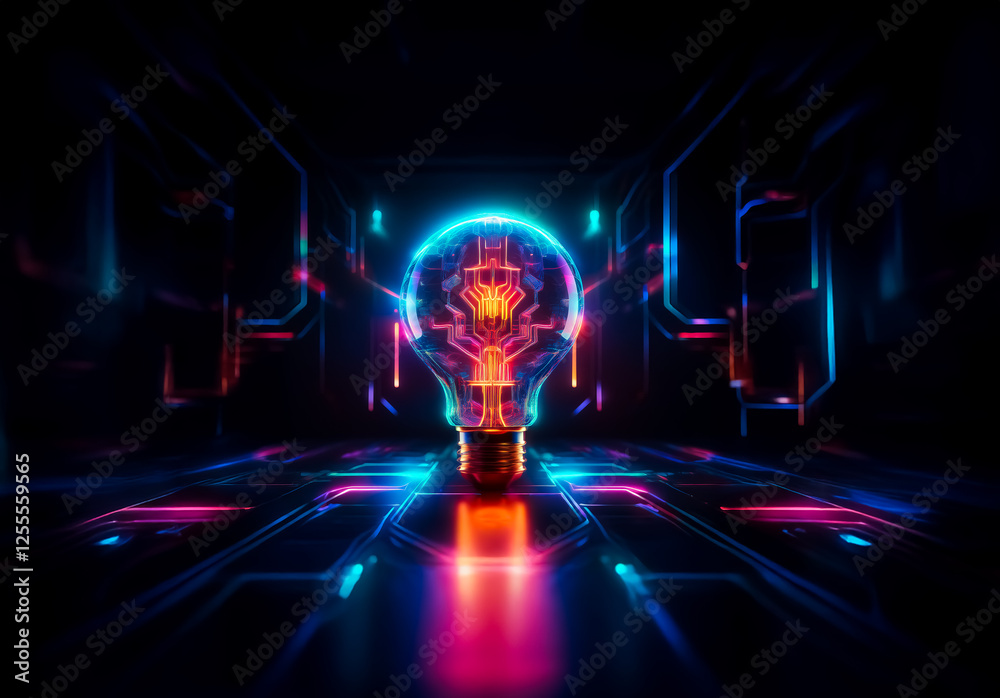 Poster glowing light bulb with circuit patterns in a dark futuristic space. neon blue and pink lights illum