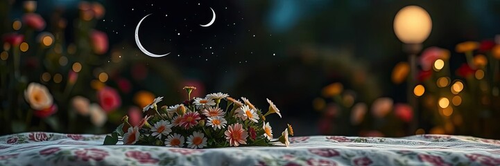 Night scene with crescent moon stars and bouquet of daisies on floral tablecloth