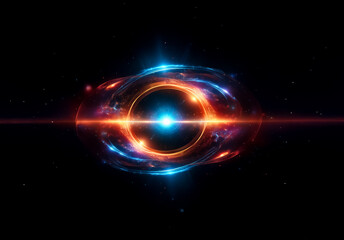 Obraz premium Circular abstract form glows with central bright light. Blue and orange energy swirls on dark background. Cosmic, energetic.