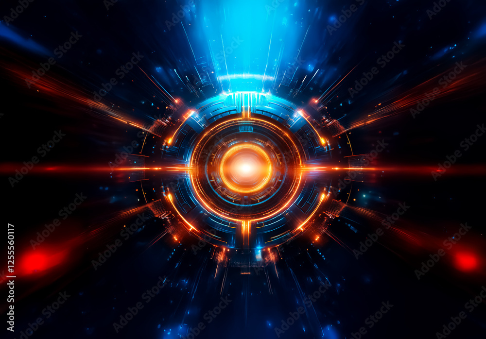 Aufkleber abstract digital art features a vibrant central glow surrounded by concentric circles and radial lin