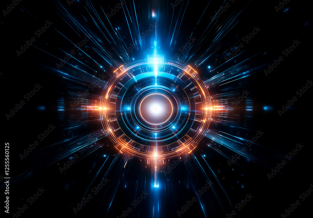 Aufkleber futuristic glowing circle of blue and orange lights on dark backdrop. rays extend outward from brigh