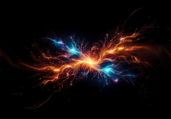 A vivid abstract depiction of a luminous explosion. Fiery orange and electric blue energy bursts from a central point against a stark black background.