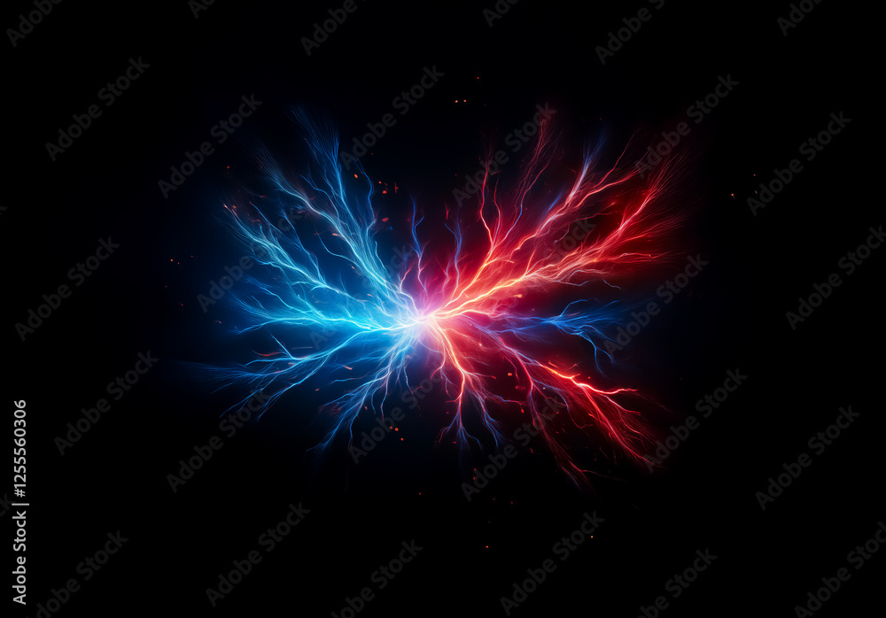 Aufkleber vibrant blue and red lightning bolts collide powerfully in the center against a stark black backdrop