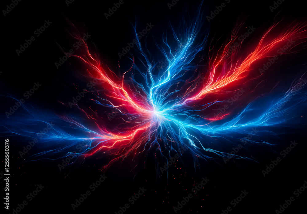 Poster Vibrant red and blue energy bursts from a central point, creating an abstract and dynamic display against a dark backdrop.
