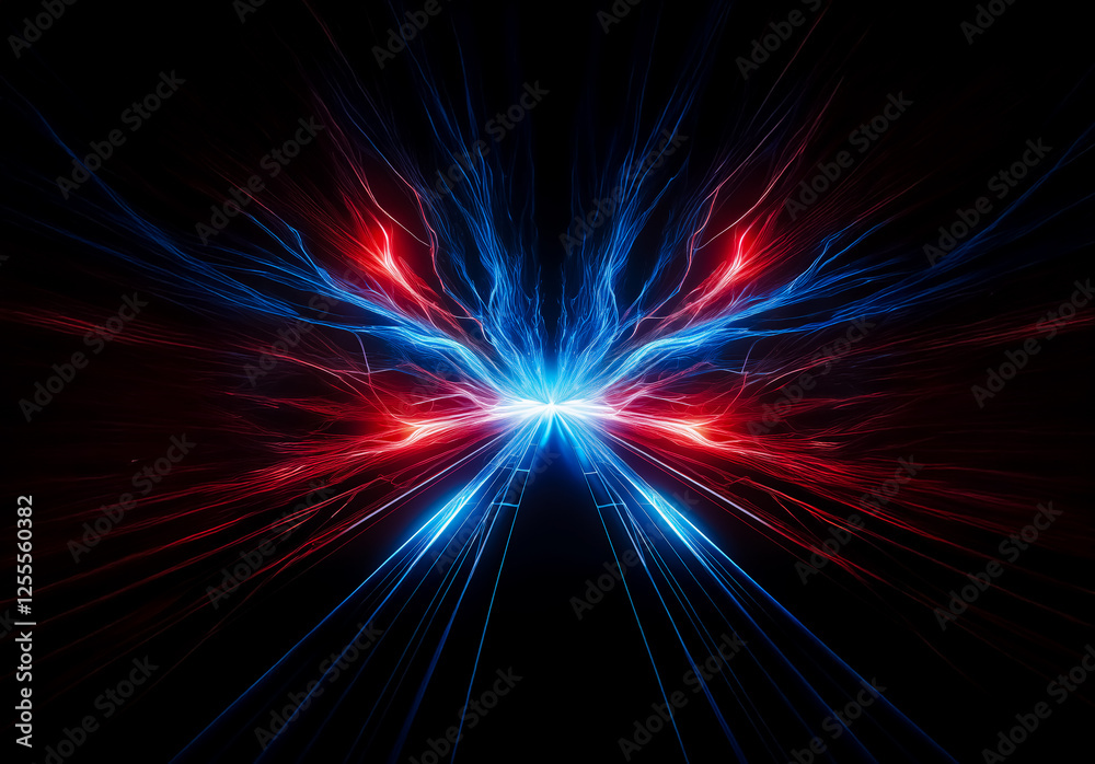 Fototapete vibrant abstract energy streams from a central point on a dark backdrop. blue and red light streaks 