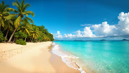 Fototapeta premium Tropical Beach with Palm Trees and Blue Ocean