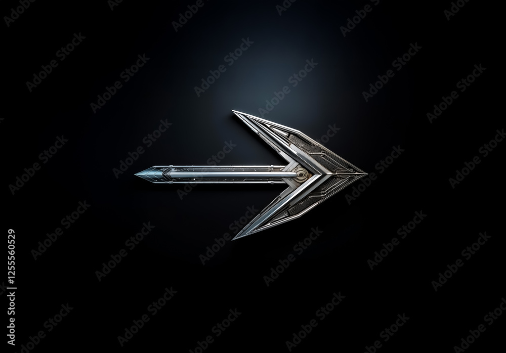 Fototapete a metallic, futuristic arrow points right against a dark backdrop. the design is sharp, angular, and