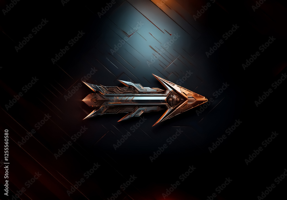 Poster metallic arrow design with a bronze and silver finish, centered on a dark textured backdrop with sub