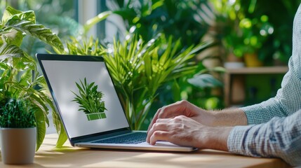 Person Using Laptop with Plant Illustration in Lush Green Environment