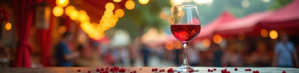 Half-filled wine glass, vibrant Feria de Abril scene , holiday, yellow, setting