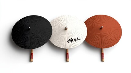 Trio of intricately designed Chinese paper fans, each uniquely colored, lying elegantly on a clean white background, exuding artistic flair and cultural richness.
